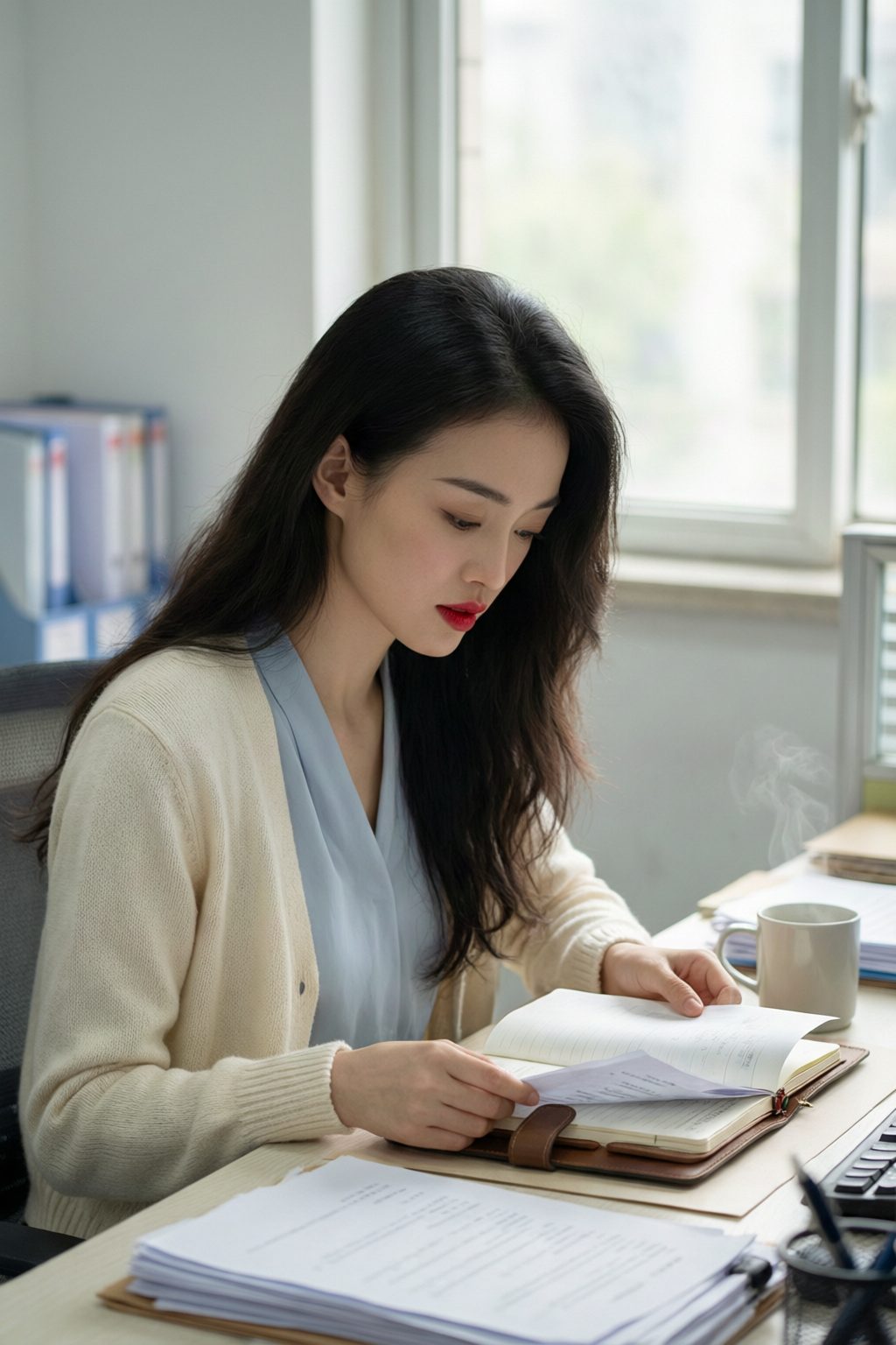 坐在办公桌前翻阅资料