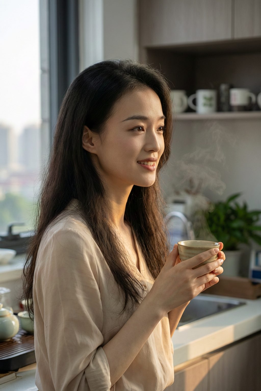 靠在茶水间台面上捧茶杯望窗外